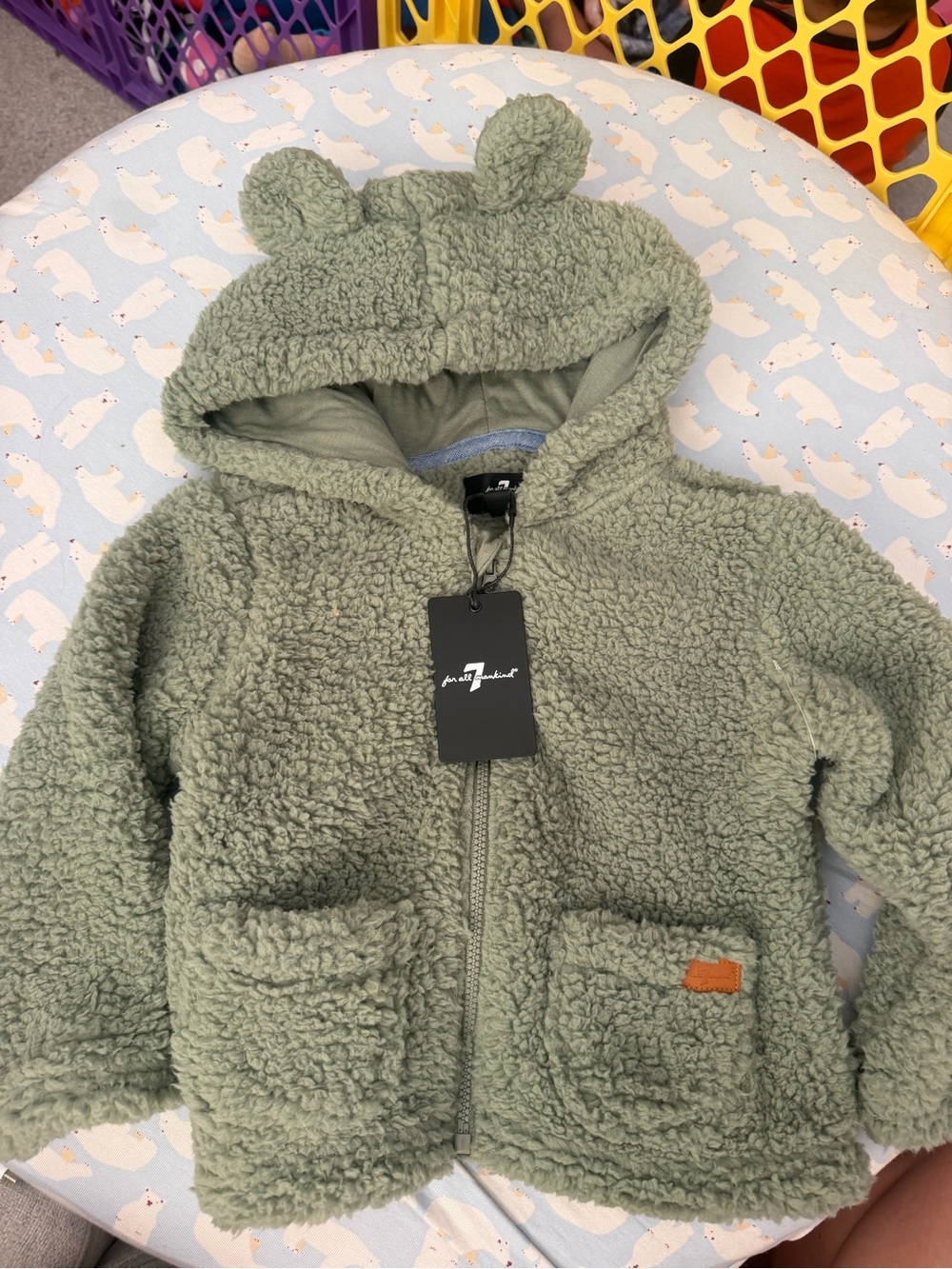 7 For All Mankind Kids Sage Green Sherpa Hoodie Jacket with Ears